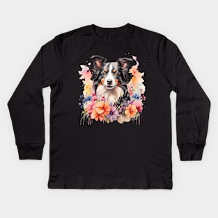 A border collie decorated with beautiful watercolor flowers Kids Long Sleeve T-Shirt